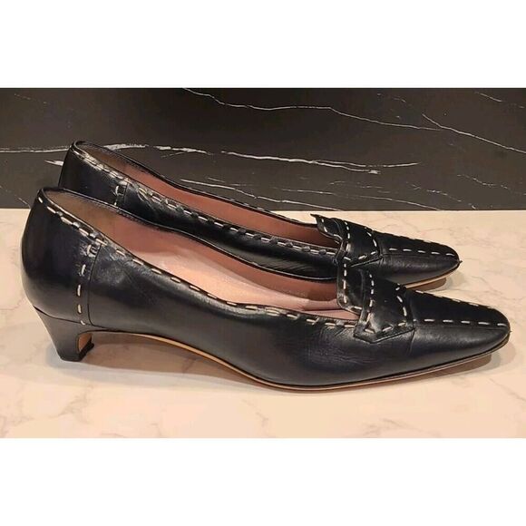 PRADA Ladys Shoes Black Leather Big Stitch Kitten Block Heels Quiet Luxury | 36½ - Picture 5 of 16